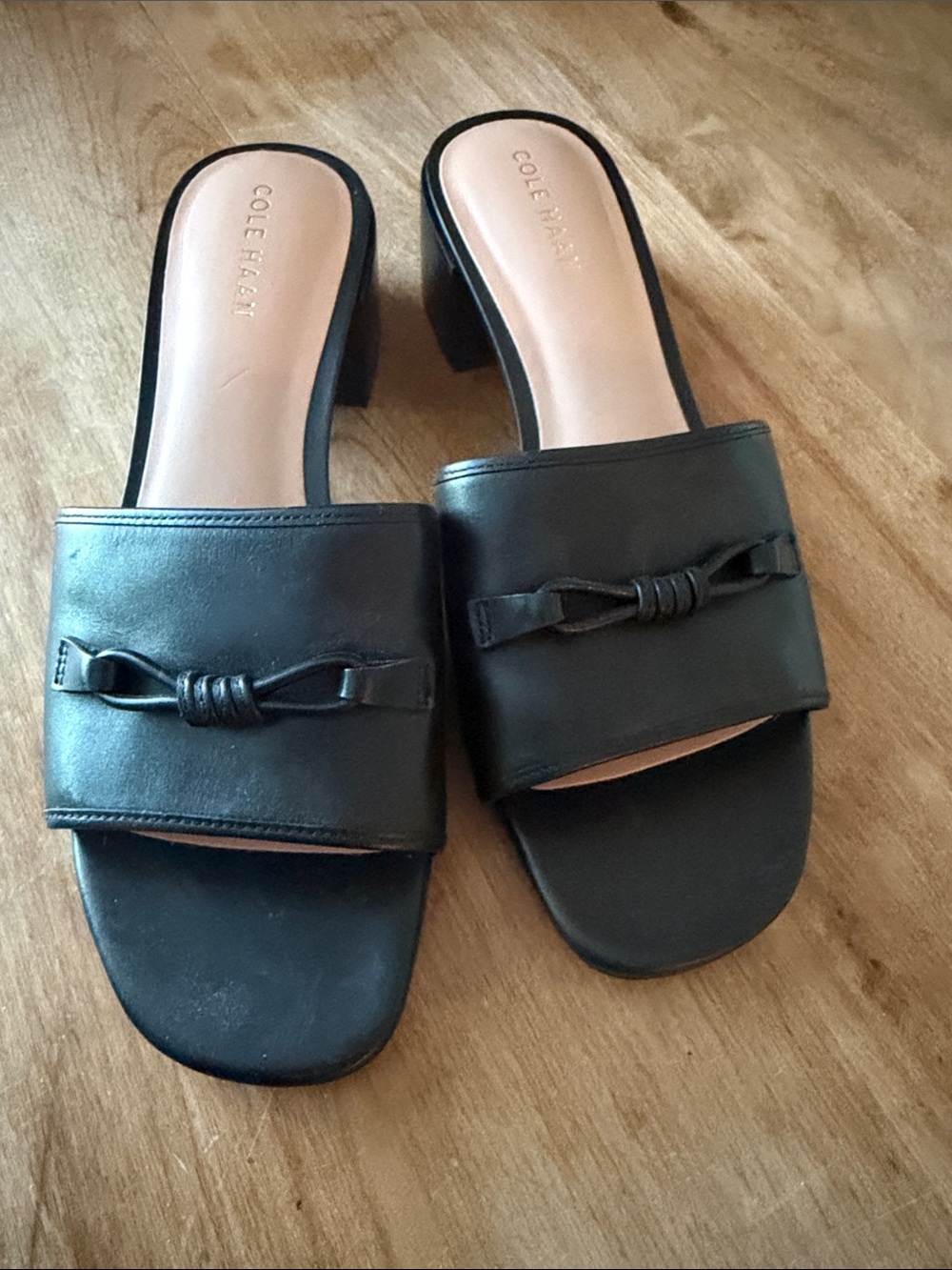 Cole Haan Black Leather Knot-Detail Slide Mules